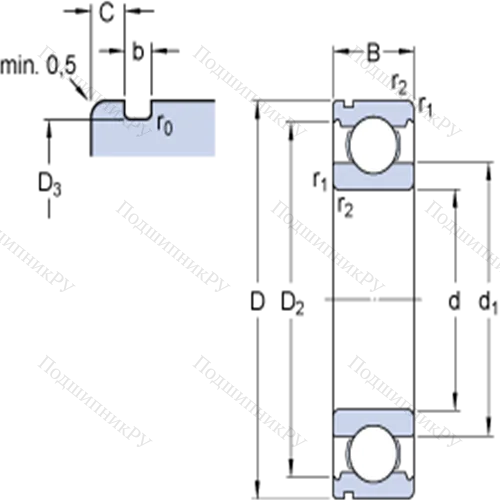 Однорядные радиальные шарикоподшипники с канавкой под стопорное кольцо 6304 N